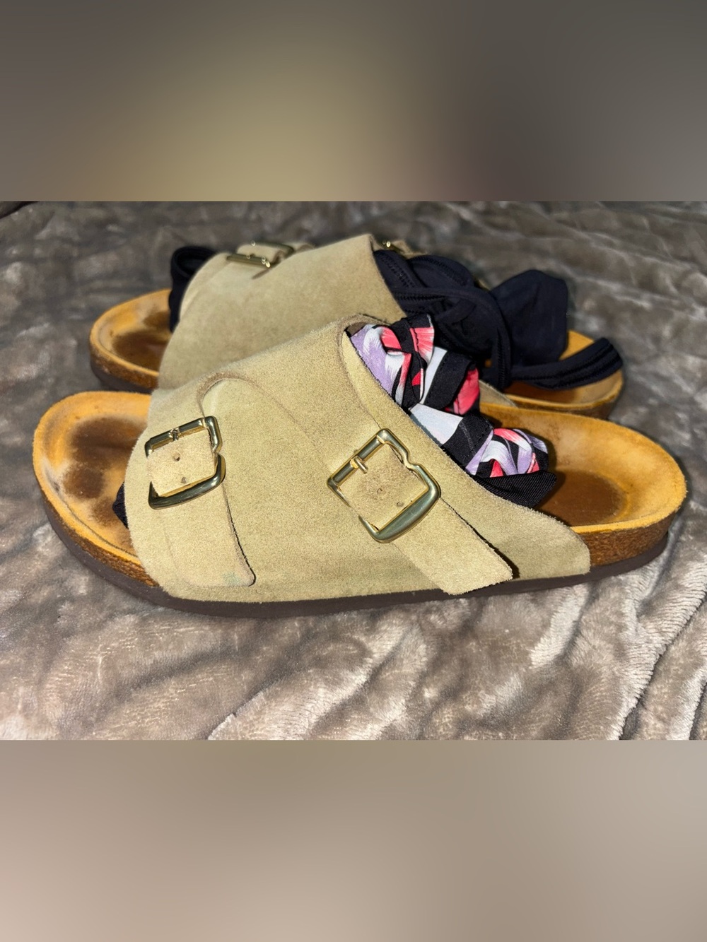 Birkenstock Suede Double Buckle Slide Sandals in Beige with Gold Hardware